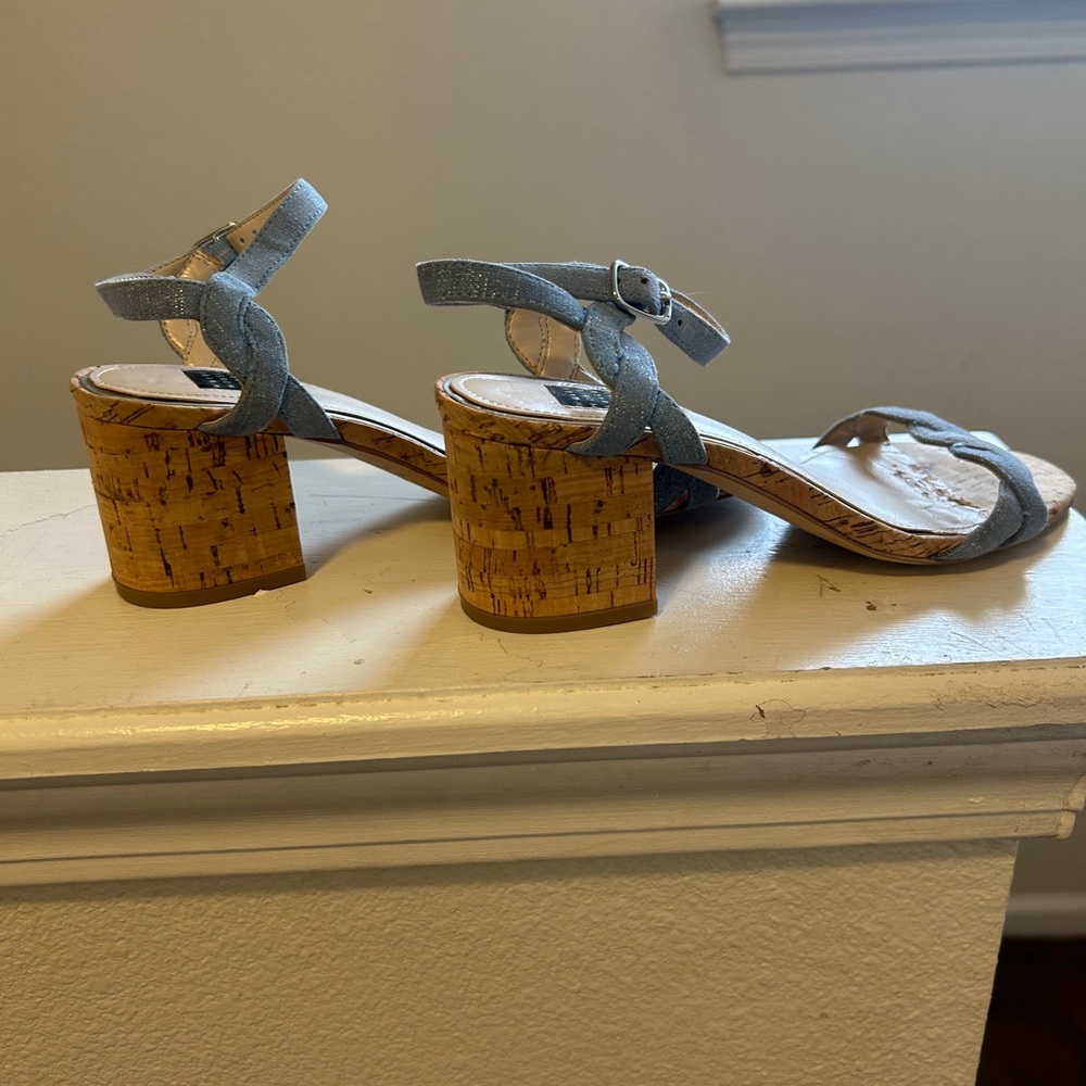 2 FOR $25White House Black Market Denim Cork Sandals Heels Chunky Chambray 6 - Picture 2 of 7